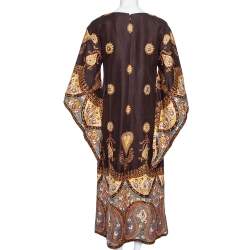 Pre Owned Gucci Brown Paisley Printed & Embellished Detail Linen Dress S 