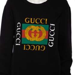 Pre Owned Gucci Black Distressed Cotton Logo Printed Long Sleeve Sweatshirt M