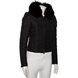 Pre Owned Gucci Black Jacquard Fur Collar Zip Front Jacket S
