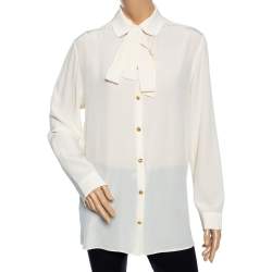 Pre Owned Gucci Cream Silk Button Front Neck Tie Detail Button Front Shirt M