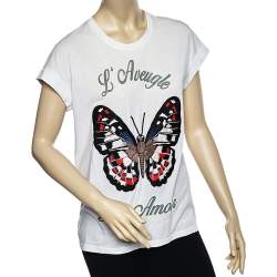 مملوكة مسبقًا Gucci White Cotton Butterfly Embroidered T-Shirt S
