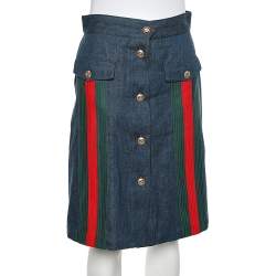 Pre Owned Gucci Blue Denim Web Stripe Trim Detail A-Line Skirt M