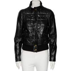 Pre Owned Gucci Black Leather & Wool Trimmed Bomber Jacket M