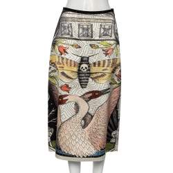 Pre Owned Gucci Multicolored Moth Strength Printed Silk Midi Skirt M