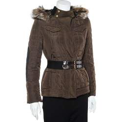 Gucci Brown Synthetic Quilted Fur Collar Detail Belted Jacket S