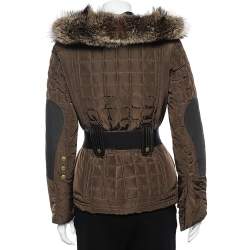 Gucci Brown Synthetic Quilted Fur Collar Detail Belted Jacket S