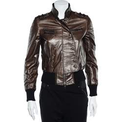 Gucci Brown Leather Stand Collar Zip Front Jacket S