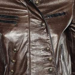Gucci Brown Leather Stand Collar Zip Front Jacket S