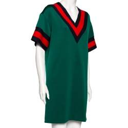 Pre Owned Gucci Green Jersey Web Stripe Trimmed Varsity Mini Dress M 