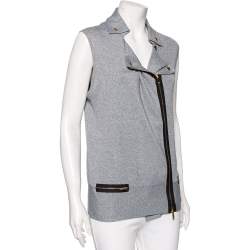 Pre Owned Gucci Grey Cashmere Knit Zip Front Sleeveless Jacket L 