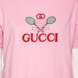 Gucci Pink Cotton Tennis Logo Embroidered Crewneck T-Shirt L