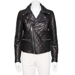 Pre Owned Gucci Black Leather Logo Embellished Zip Front Biker Jacket S