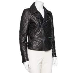 Pre Owned Gucci Black Leather Logo Embellished Zip Front Biker Jacket S