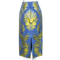 Pre Owned Gucci Blue & Yellow Floral Jacquard Midi Skirt M