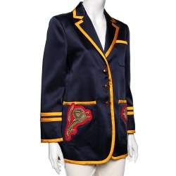 Pre Owned Gucci Navy Blue & Yellow Trimmed Satin Embroidered Long Sleeves Jacket M