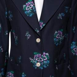 Pre Owned جاكيت بليزر غوتشي صوف وقطن جاكار مورد أزرق كحلي صدرية واحدة مقاس كبير (لارج)