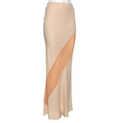 Pre Owned Gucci Vintage Cream Crepe & Contrast Silk Paneled Maxi Skirt M