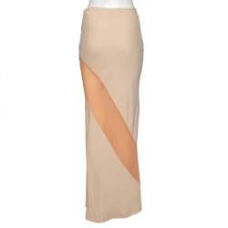 Pre Owned Gucci Vintage Cream Crepe & Contrast Silk Paneled Maxi Skirt M