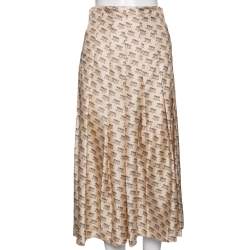 Pre Owned Gucci Beige Invite Stamp Print Silk Pleated Midi Skirt S