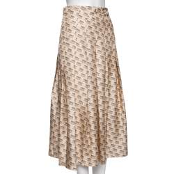 Pre Owned Gucci Beige Invite Stamp Print Silk Pleated Midi Skirt S