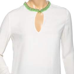 Gucci Cream Crinkled Silk Bead Embellished Long Sleeve Blouse S