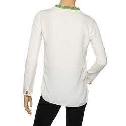 Gucci Cream Crinkled Silk Bead Embellished Long Sleeve Blouse S