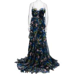Pre Owned Gucci Blue Violet Printed Silk Organza Ruffle Trimmed Plisse Maxi Dress M