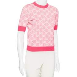 Pre Owned Gucci Pink Logo Jacquard Wool & Silk Sweater XS