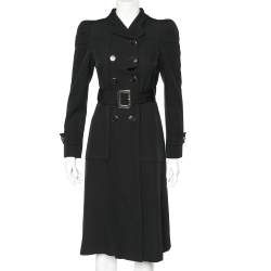 Pre Owned Gucci Black Wool Crepe fur Collar Detail Belted trench Coat S