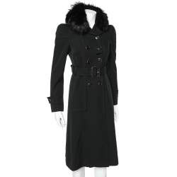 Pre Owned Gucci Black Wool Crepe fur Collar Detail Belted trench Coat S