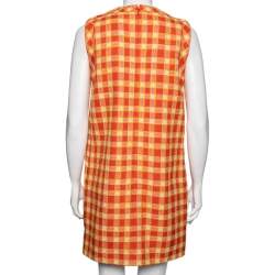 Pre Owned Gucci Orange/Yellow Tweed Checkered Shift Dress S