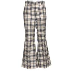Pre Owned Gucci Beige/Blue Check Print Tweed Flared Trousers M