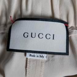 Pre Owned Gucci Light Beige Silk Web Stripe Trimmed Wide Leg Pants M