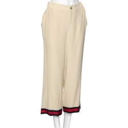 Pre Owned Gucci Light Beige Silk Web Stripe Trimmed Wide Leg Pants M