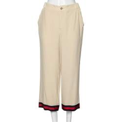 Pre Owned Gucci Light Beige Silk Web Stripe Trimmed Wide Leg Pants M