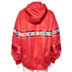 Pre Owned Gucci Red Mesh & Satin Magnetismo Stripe Trimmed Zip Front Hooded Jacket XL