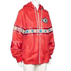 Pre Owned Gucci Red Mesh & Satin Magnetismo Stripe Trimmed Zip Front Hooded Jacket XL