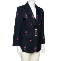 Pre Owned Gucci Navy Blue Snake & Floral Embroidered Wool Single Breasted Blazer L