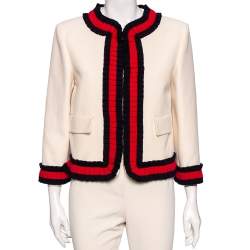 Pre Owned Gucci Cream Silk and Cotton Blend Cropped Web Trim Jacket L