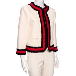 Pre Owned Gucci Cream Silk and Cotton Blend Cropped Web Trim Jacket L
