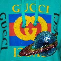 Pre Owned Gucci Green Cotton Sequin Embellished Logo Printed Hoodie XS
