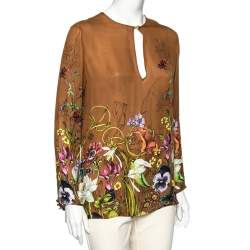 مملوكة مسبقًا Gucci Brown Floral Printed Silk Long Sleeves Top S
