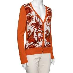 Pre Owned Gucci Orange Printed Silk & Knit Paneled Button Front Cardigan M