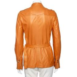 Pre Owned Gucci Tan Leather Front Zip Long Sleeve Jacket M