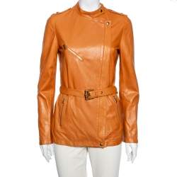 Pre Owned Gucci Tan Leather Front Zip Long Sleeve Jacket M