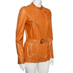 Pre Owned Gucci Tan Leather Front Zip Long Sleeve Jacket M