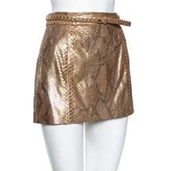 Pre Owned Gucci Gold Python Leather Belted Mini Skirt M