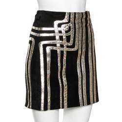 Pre Owned Gucci Black & Gold Python Leather Trimmed Suede Mini Skirt M