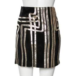 Pre Owned Gucci Black & Gold Python Leather Trimmed Suede Mini Skirt M