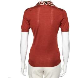 Gucci Brick Red Wool Knit Printed Neck Tie Detail Top S